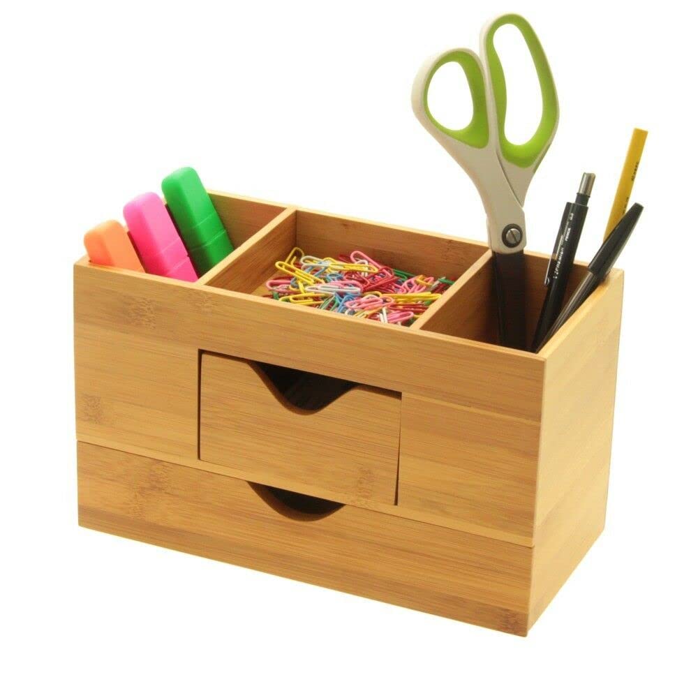 Woodquail Natural Desk Organiser Tidy Stationery Box, Made Of Bamboo