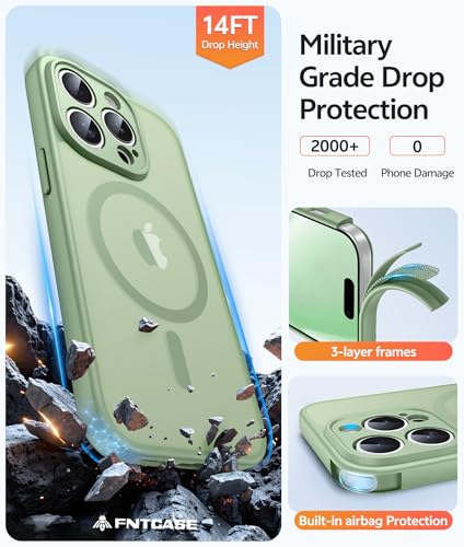 Image of FNTCASE for iPhone 14 Pro Case: [Compatible with Magsafe] Translucent Matte Cases with [Full Camera Protection] [Screen Protector] Military Grade Shockproof Protective Phone Cover - Light Moss