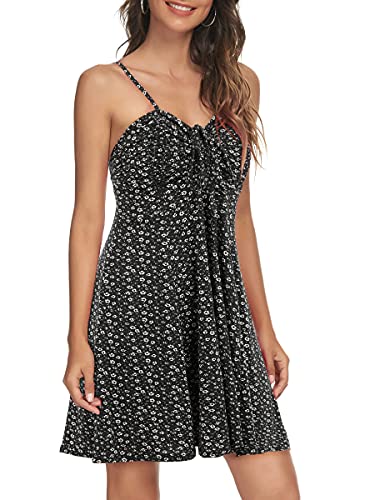 Image of Missufe Spaghetti Strap Floral Mini Dress Women's Casual Ruched Front Drawstring Swing Sundress