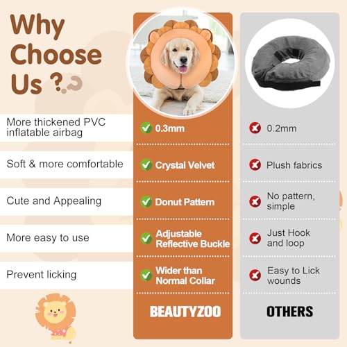 Image of BEAUTYZOO Dog Cone Alternative After Surgery for Large Medium Small Dogs, Soft Inflatable Cone Collar for Dogs Cats, Dog Neck Donut E Collar Dog Recovery Collar to Stop Licking, Lion, L