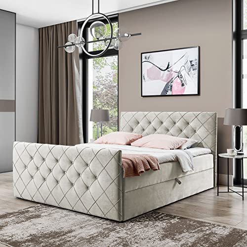 FURNISTAR Boxspringbett Doppelbett MONAKO - Bett mit Bonellmatratze, mit Bettkasten für Bettwäsche und Topper. Gepolstertes Kopfteil und Fussteil mit einer eleganten Steppung verziert (Beige, 160x200)
