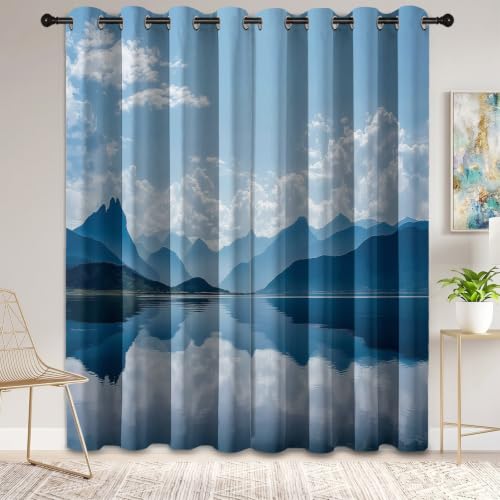 Cortina opaca de montañas y lago 29.5x65 pulg con aislante térmico azul 2