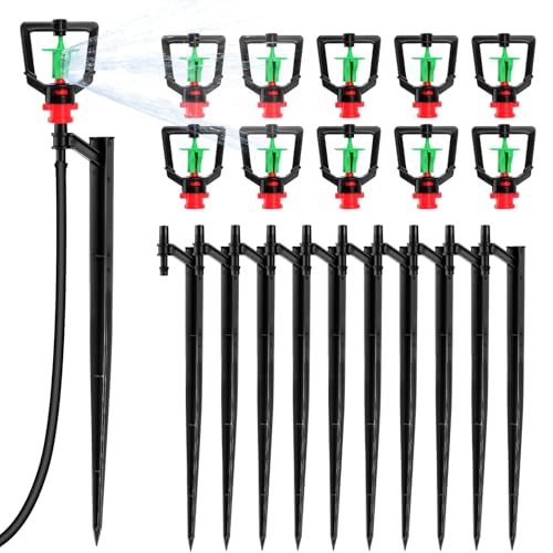Muyohix 10 Piezas Microaspersores para Riego, Aspersores de Riego Cesped 360 ° Giratorio, Aspersor Jardin Manguera, Sistema de Micro Riego con Estaca de 20 cm, para Agricultura, Jardín, Flores
