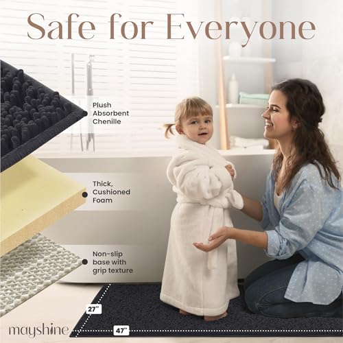 Image of MAYSHINE Plush Shaggy Chenille Bath Mat | Extra Soft, Super Absorbent, Non-Slip Bathroom Rug | Fluffy Microfiber, Area Rug Sets for Bathroom Floor, Kitchen, Living Room | 47 inchx27 inch | Black