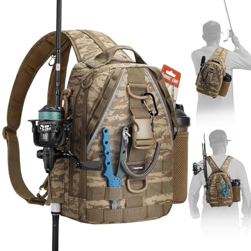 Piscifun Fishing Backpack with Rod Holder, Lightweight Sling Bag Storge Gear and Equipment, Khaki Camouflage, Latch, Standard