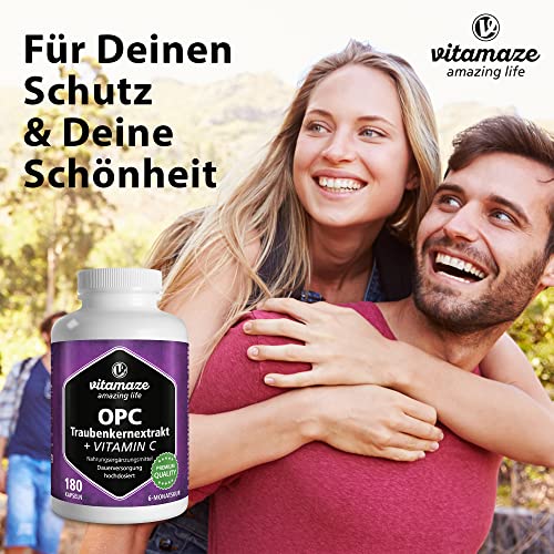 OPC Traubenkernextrakt Kapseln, zertifiziert, hochdosiert: 450 mg reines OPC, 180 Kapseln für 6 Monate, Natürliche Nahrungsergänzung ohne Zusätze, Made in Germany