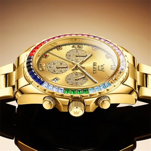 Image of OLEVS Watch for Men Luxury Gold Diamond Chronograph Business Wristwatch with Analog Quartz, Date Calendar, Stainless Steel Band, Luminous Hands, Waterproof