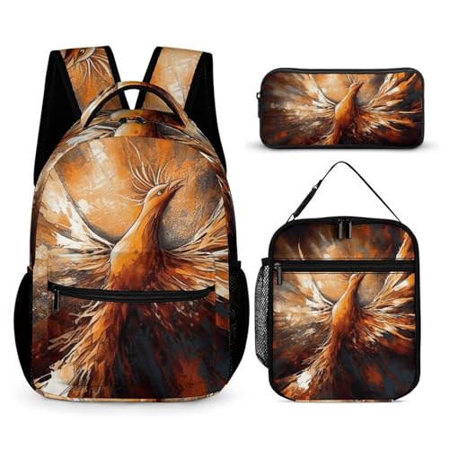 Abstract Phoenix Backpack Set 3 Piece, Durable Backpack Insulated Lunch Bag Portable Pencil Case for Men Women