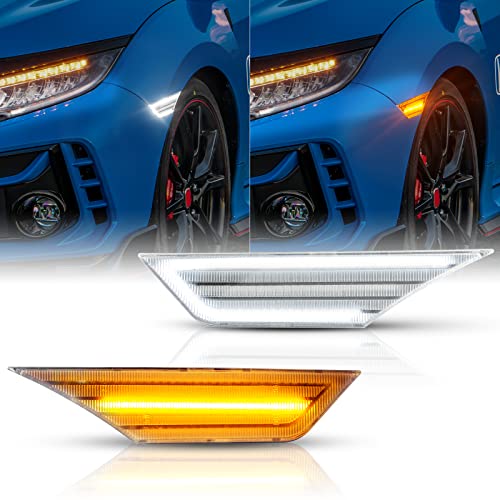 Gempro Switchback LED Side Marker Lights for 2016-2021 Honda Civic Gen Civic White Amber Front Bumper Turn Signal Reflector, Clear Len