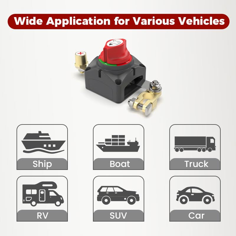 Battery Disconnect Switch 12V 24V 48V Waterproof Top Post Battery Cut Off Kill Switch Master for Car Truck RV Boat Marine ATV UTV Trailer Camper Vehicles Heavy Duty Power Shut Off