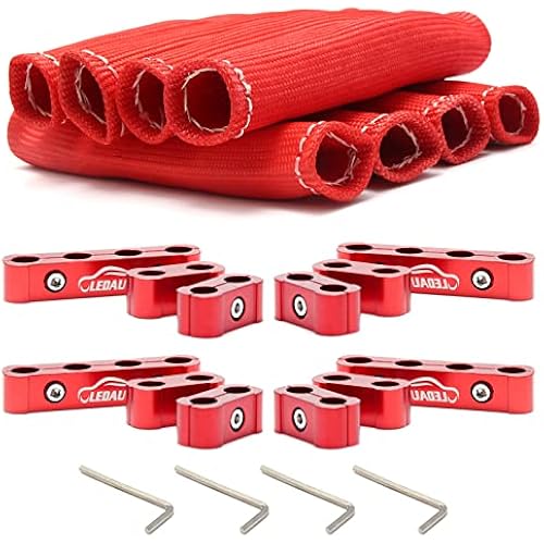 LEDAUT Red 8Cyl Spark Plug Heat Shield Protector and 12pc Engine Separator Insulating Fire Sleeve Wire Protector with Divider Suit for 8mm 9mm 10mm