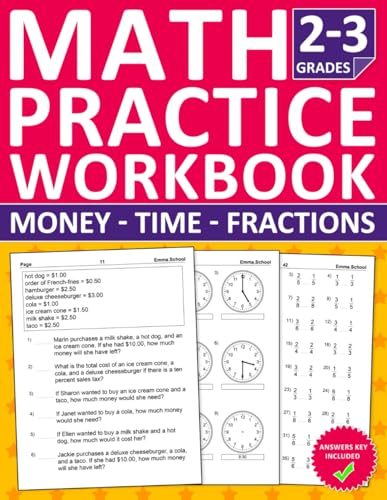 Independently Published School, Emma. Money,Time & Fractions Workbook For Grades 2 And 3: Math Practice Workbook For Ages 7 To 9 With Counting Money cover