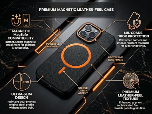 Image of amazon basics Luxury MagSafe Compatible Leather Texture Back Cover for iPhone 16 Pro | Raised Camera Protection | Slim Fit Shockproof Case with Metallic Accents (Black)
