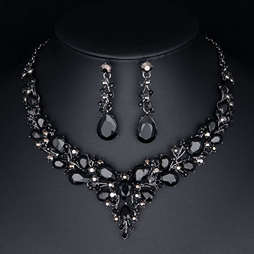 Molie Bridal Austrian Crystal Necklace And Earrings Jewelry Set Gifts Fit With Wedding Dress(Black) #TOP1