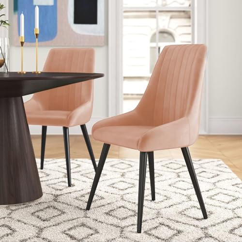 Image of Finch Fox Morris Velvet Dining Chair for Living Room, Bedroom, Home Office with Black Metal Legs in Peach Color