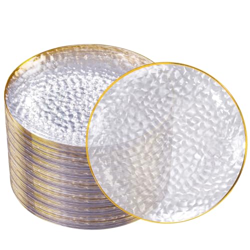 DaYammi 100 Pcs Clear Gold Plastic Plates Hammered Party Plate Fancy Plastic Plates Disposable Clear Disposable Dessert Platos 7 Inch Heavy duty Plastic Dessert Platos for Party & Wedding