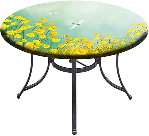 Miniatura 4 de Mantel redondo con diseño de libélula para mesa auxiliar, floreciente paisaje artístico con margaritas sobre hierba y, para mesas redondas de 32