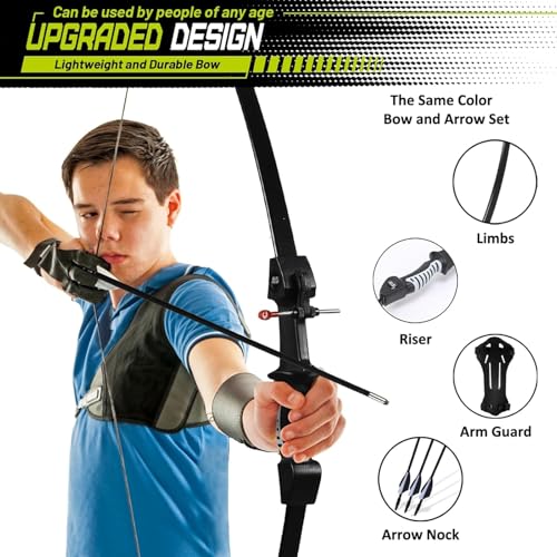 CrazyMouse Bow and Arrow for Teens Beginners Adults Recurve Bow Set 8 Arrows 5 Target Face Archery Longbow Kit Backyard Games Gift for Outdoor Sports (Black Archery Bow Set) by crazymouse - Image 3