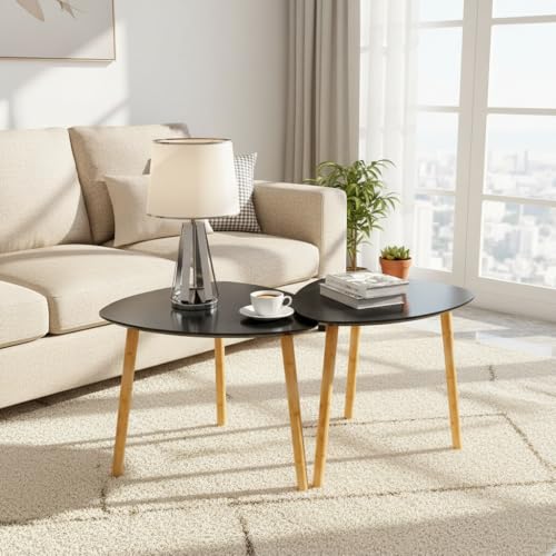 Image of Modern Wooden Nesting Side Table Set of 2 for Living Room | Space Saving Sofa Side Table | Bedside End Table | Multipurpose Accent Tables for Home Bedroom Office (Black, Nesting)