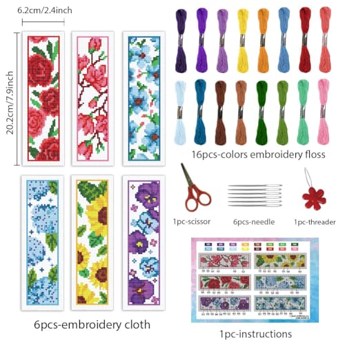 Image of INFUNLY 6pcs Red Rose Cross Stitch Bookmark Kits DIY Sunflower Peach Blossom Embroidery Bookmark Kits for Beginners with Instruction Blue Flower Bookmark Making Kit for Book Lovers Readers Women Gifts