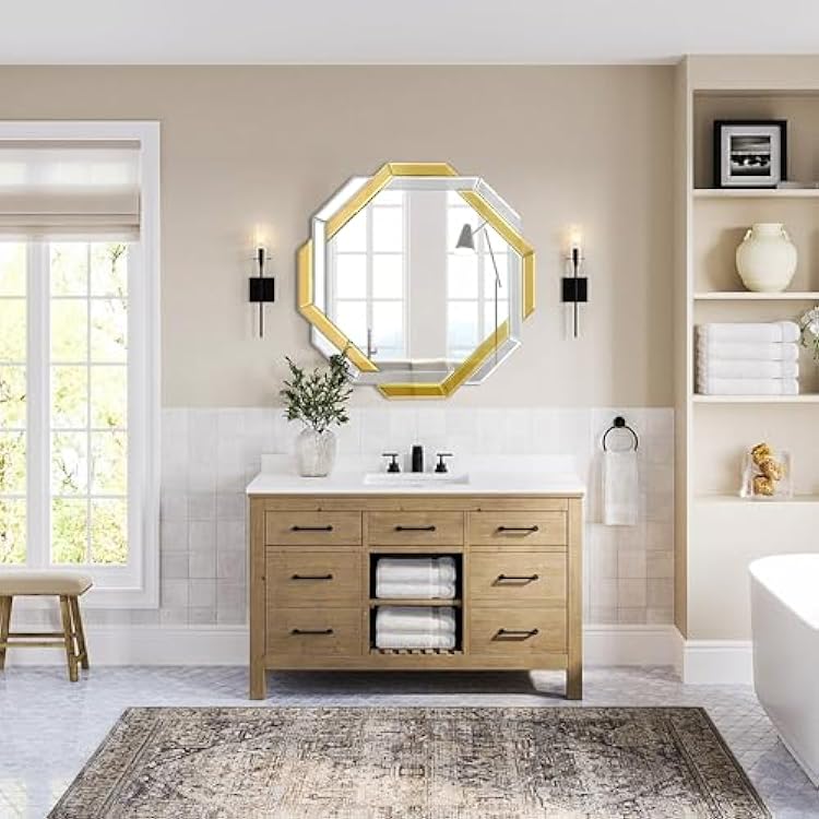 Gold Bathroom Mirror-20X20 Helicoid Wall Mirrors Decorative,Hexagon Beveled Edge Frameless Mirror for Wall Bathroom, Vanity Room, Bedroom, Living Room and Enterway