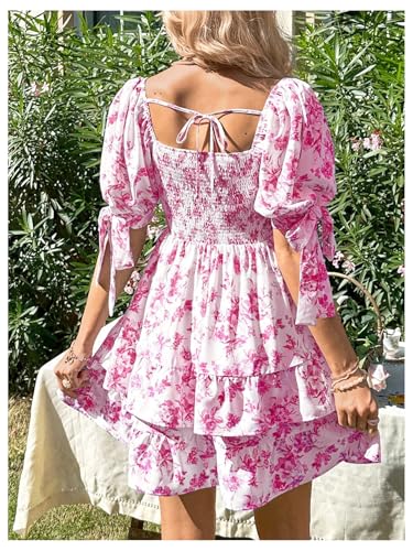 Image of Floerns Women's Floral Print Puff Sleeve Square Neck Tiered Layer Shirred Dresses