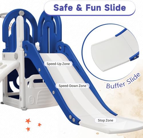 Toddler Climber and Slide Set 4 in 1, Kids Playground Climber Freestanding Slide Playset with Basketball Hoop Play Combination for Babies Indoor & Outdoor 3+ (Blue)