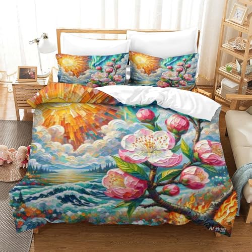Linge de lit double avec housse de couette fleur de pêche 200x200 cm