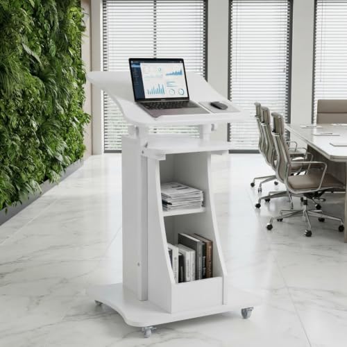 Image of POWERSTONE 2PCS Sit to Stand Mobile Lectern Teacher Podium Portable Height Adjustable Podium Stand Rolling Laptop Desk Cart with Storage Shelf Swivel Top for Classroom, Concert, Church White