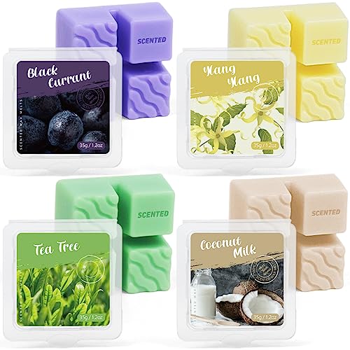 SENSHMAY Cera derretida, cubos de cera de soja para calentador de cera, juego de regalo de 4 aromas para mujeres, amigos, cumpleaños, leche de coco, árbol de té, grosella negra, ylang ylang