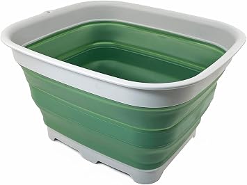 SAMMART 15L 3.9 Gallon Collapsible Dishpan with Draining Plug - Foldable Washing Basin - Portable Dish Washing Tub - Camping & Space Saving Kitchen Storage Tray Grey/Dark Sea Green