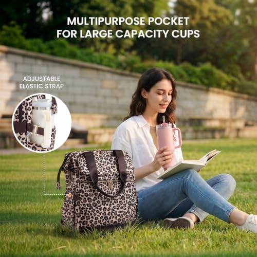 Image of LOVEVOOK Laptop Backpack for Women with Giant Tumbler Holder, 15.6 Inch Work Laptop Bag with USB Port, Fashion Teacher Nurse Backpack Purse, Waterproof Travel Computer Backpack, 2PCS,Leopard