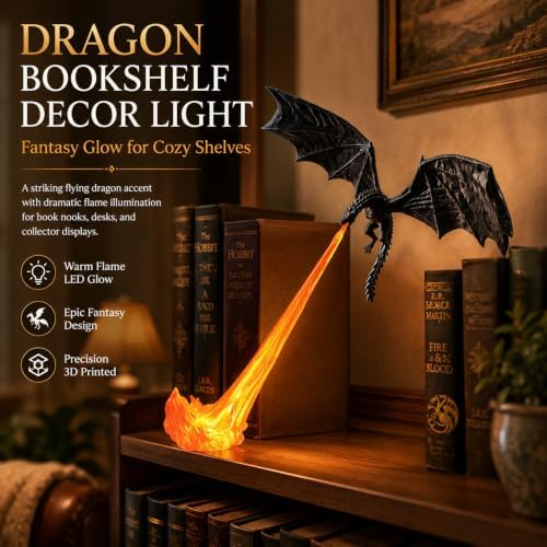 Dragon Bookshelf Nook Light, 3D Printed Fire-Breathing Dragon Decor with Flame Glow, Fantasy Shelf Display Lamp for Book Lovers, Flying Dragon Design Bookshelf Light，Black Dragon With Blue Flame：Small