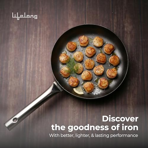 Image of Lifelong Carbon Steel (Iron) Fry Pan 24cm | High Heat Stir Fry & Searing Pan with Long Stainless Steel Handle | Naturally Seasoned Non-Stick Surface | Induction & Gas Compatible | Lightweight Build