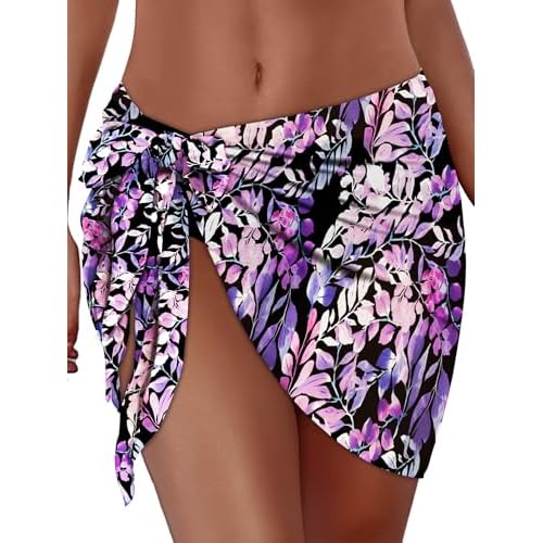 Swimsuit Coverups for Women Sarong Beach Bikini Wrap Sheer Short Skirt Chiffon Scarf for Swimwear (Black Purple Leaf, S)