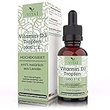 WARUM VITAMIN D3 VON VITA 1: Im Gegensatz zu anderen flüssigen D3-Produkten nutzen wir ausschließlich hochwertiges MCT-Öl und keine billigen Pflanzenöle, wie Sonnenblumenöl | Das enthaltene Vitamin D3 stammt aus Lanolin, also einer natürlichen und keiner synthetischen Quelle | Vitamin D3 ist gegenüber Vitamin D2 die deutlich besser verfügbare Form | Mit 1.000 I.E. pro Tropfen ist das Produkt hoch dosiert - so viel versteckt sich bei manch anderen Herstellern teilweise in 3 oder mehr Tropfen.