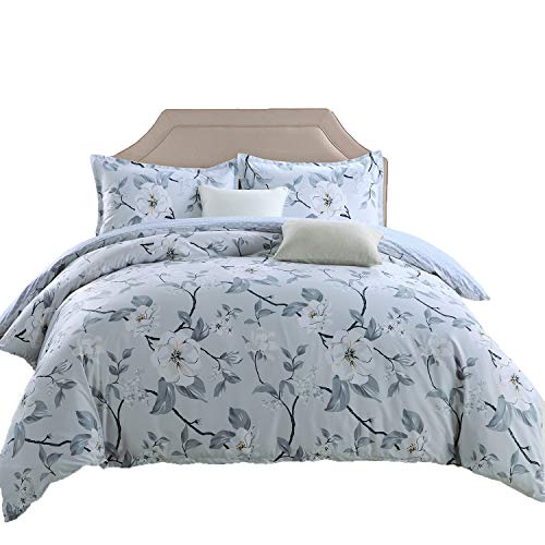 GOOFUN-D3Q 3pcs Duvet Cover Bedding Set 1 Duvet Cover 2 Pillow Shams Lightweight Microfiber Comfortable, Breathable, Soft, Full/Queen Size, Light Grey with White Flower
