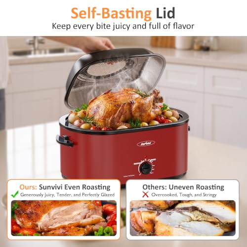 Image of Sunvivi Roaster Oven, Electric Roaster Pan with Lid 28QT for Large Turkey | Self-Basting & Glass Viewing Lid, Removable Pan, 150-450F Temp Control, for Baking Slow Cook Defrost Warm Turkey Up to 28lb