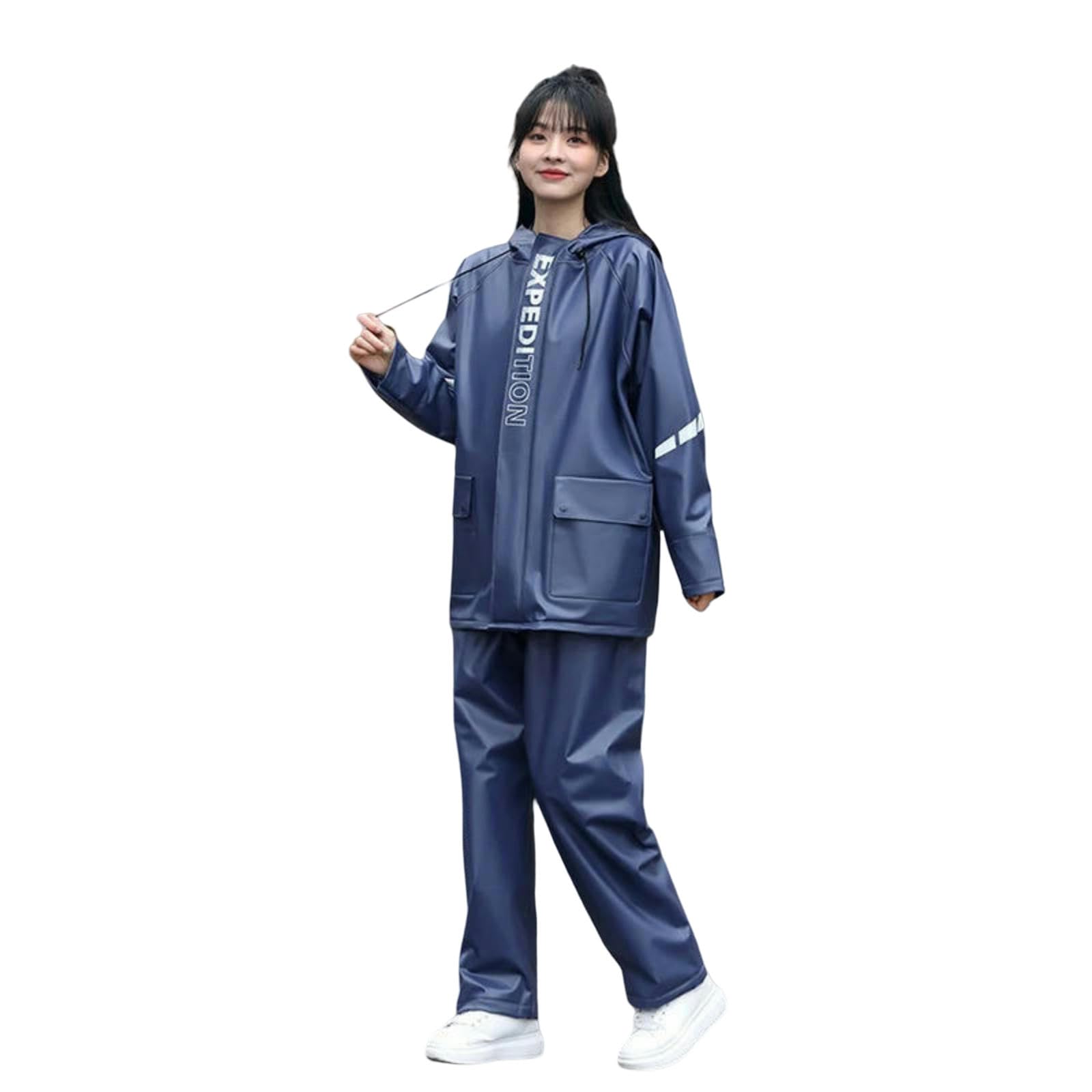 Cape De Pluie Ensemble Combinaison Imperméable Unisexe, Léger Réutilisable avec Pantalon, Mac Réfléchissant Pliable pour Le Cyclisme, La Randonnée Et Les Aventures en Plein Air-Bleu