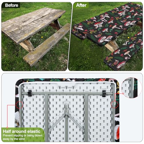 Image of Picnic Table Cover with Bench Covers 6FT 3 Pcs Waterproof Windproof Aesthetic Camping Tablecloth with Drawstring Bag, Fitted for 6 Foot Rectangle Tables and Seats, 72 inch, Black Green Red