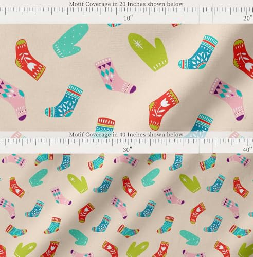 Image of Soimoi White Cotton Poplin Fabric Socks & Gloves Folk Art Print Fabric by Meter 56 Inch Wide