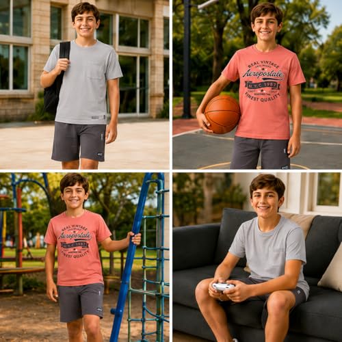 Image of AEROPOSTALE Boys Athletic Shorts Set 3 Piece Graphic T Shirts Fleece Shorts | Soft Breathable Jersey Tees, Elastic Waistband, Side Pockets, Screen-print Design, Durable Stitching for School & Play