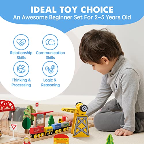 Tiny Land 55PCS Wooden Train Set, Compatible with Major Brand Tracks, Educational Toy for Toddlers & Kids Ages 3-7 - Image 4