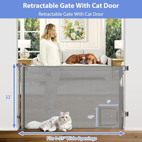 Retractable Dog Gate with Cat Door 55" Wide Retractable Pet Gate with Cat Door Mesh Dog Gate Retractable Baby Gates for Doorway Retractable Puppy Gate for The House Retractable Outdoor Gate for Deck - Image 3