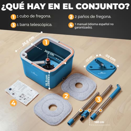 Miniatura 6 de Set Fregona Y Cubo Con Sistema De 2 Compartimentos Para Agua Limpia Y Sucia, Fregona Autoescurrible Con 2 Almohadillas De Microfibra, Mopa Plana De Limpieza Y Fregasuelos, Azul - Alanberg