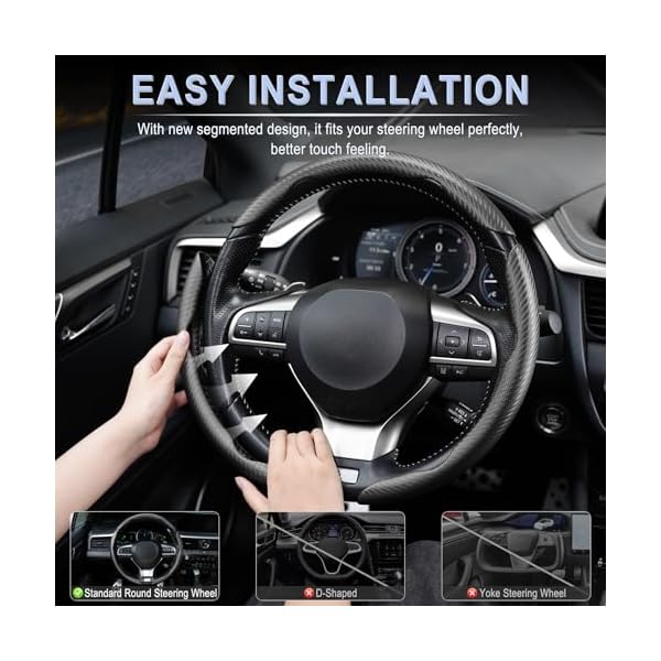Amiss 3pcs Carbon Fiber Anti-Skid Steering Wheel Cover, Segmented & Butterfly Design, Universal 99% Car Wheel Cover Protector, Black - Image 5