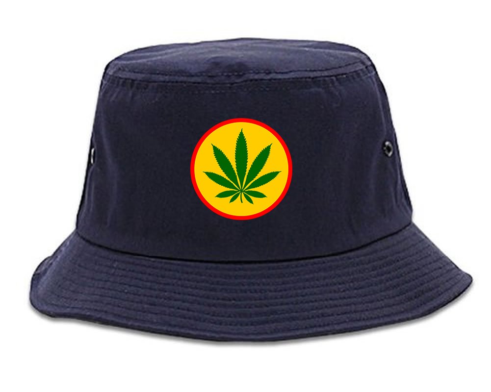 Ganja Green Weed Leaf Chest Mens Bucket Hat Cap Navy Blue