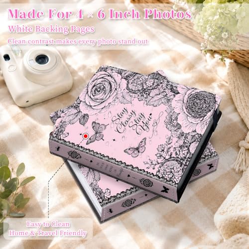 Image of Photo Album 4x6 120 Pockets Pink Lace Rose Butterfly