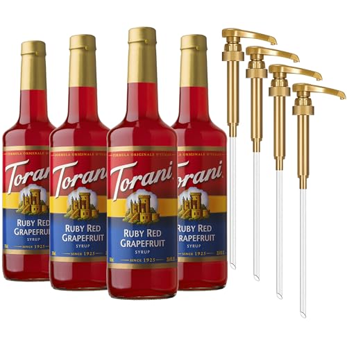 Torani Ruby Red Grapefruit Syrup for Drinks, Flavoring for Sodas and Cocktails, Glass Bottle 4-Pack, Pumps Included, 25.4 Fl Oz Ea
