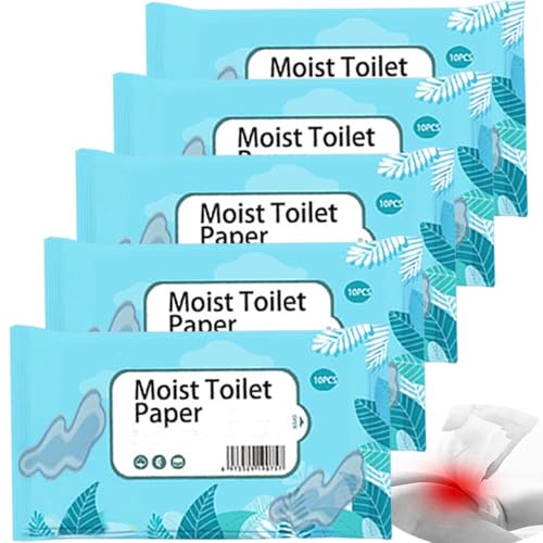 5Pack Luxury Individually Wrapped Sensitive Skin Travel Disposable Moist Toilet Paper; 50 Count Adult Personal Flushable Moist Toilet Wipes; Outdoor Cleansing Wet Wipes for Home,Office, Travel, Daily